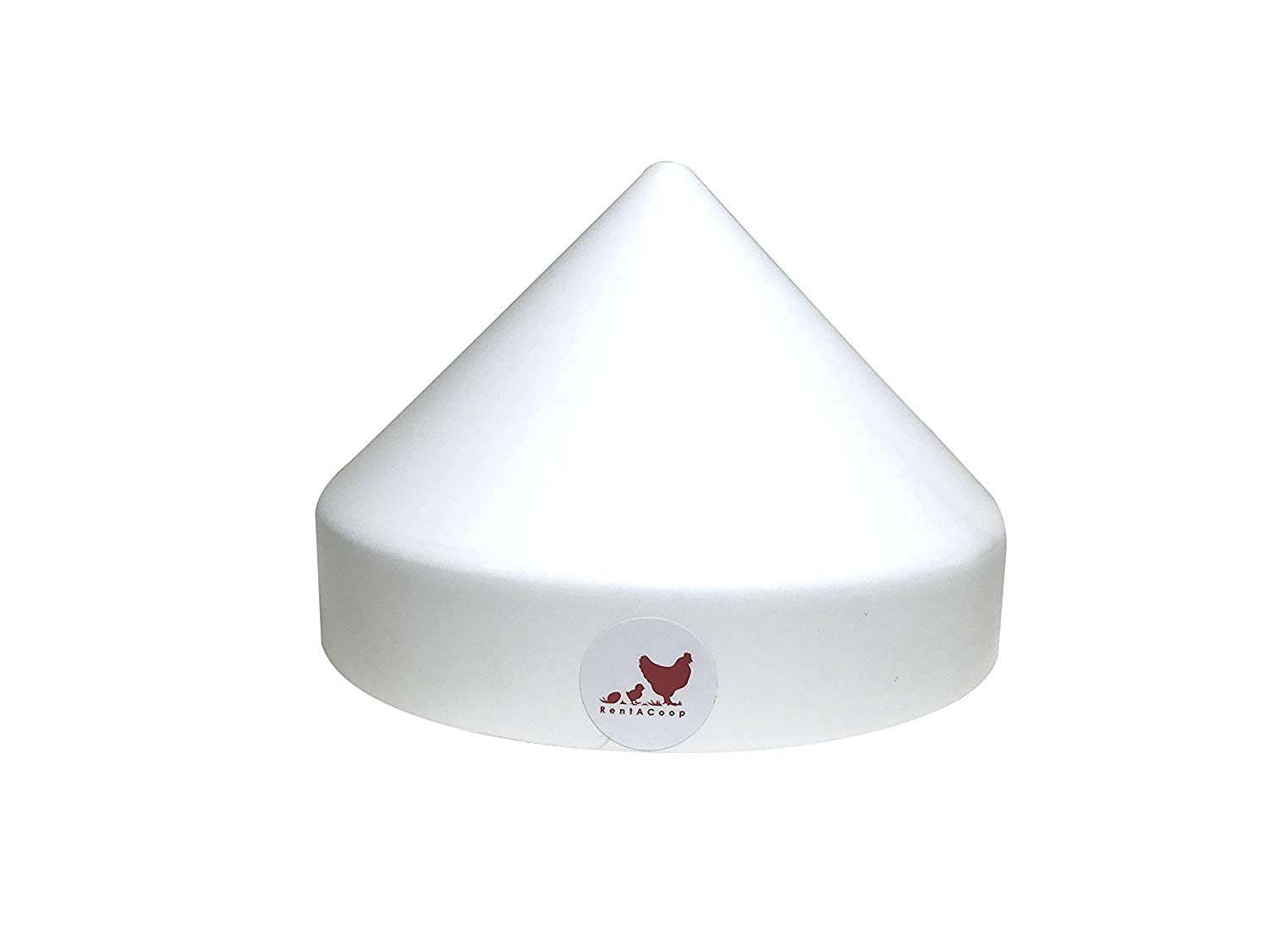 RentACoop anti-roost cone attached to a round bucket in indoor/outdoor setup.