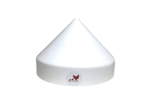 RentACoop anti-roost cone attached to a round bucket in indoor/outdoor setup.