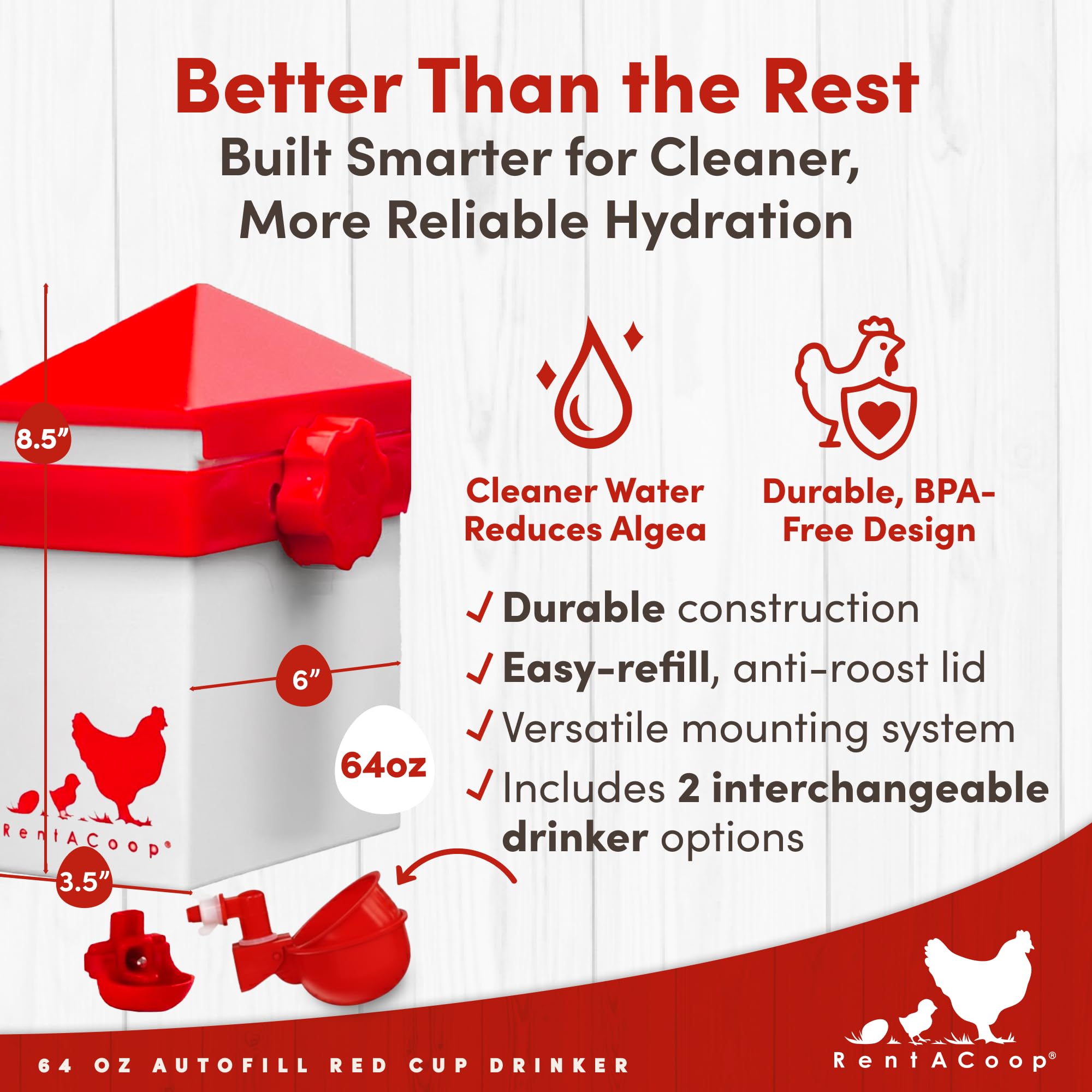 RentACoop auto-fill cup with removable insert shows a nearly full water level.