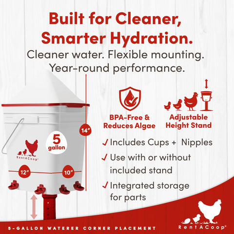 RentACoop auto-fill cups keep water consistent for natural drinking habits.