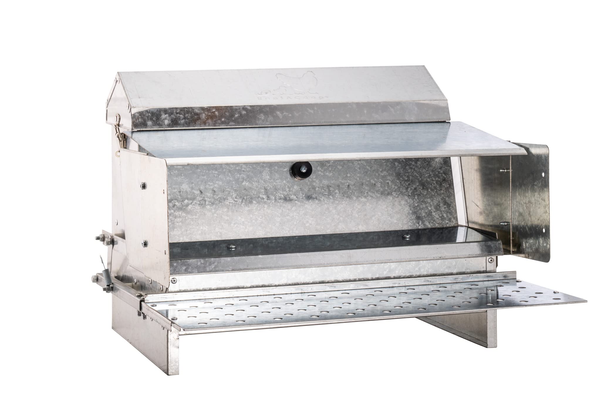 RentACoop automatic treadle feeder shown for outdoor use with protective finish