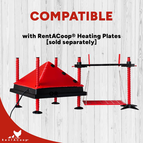 RentACoop chick swing stand for feeders and waterers keeps essentials organized.