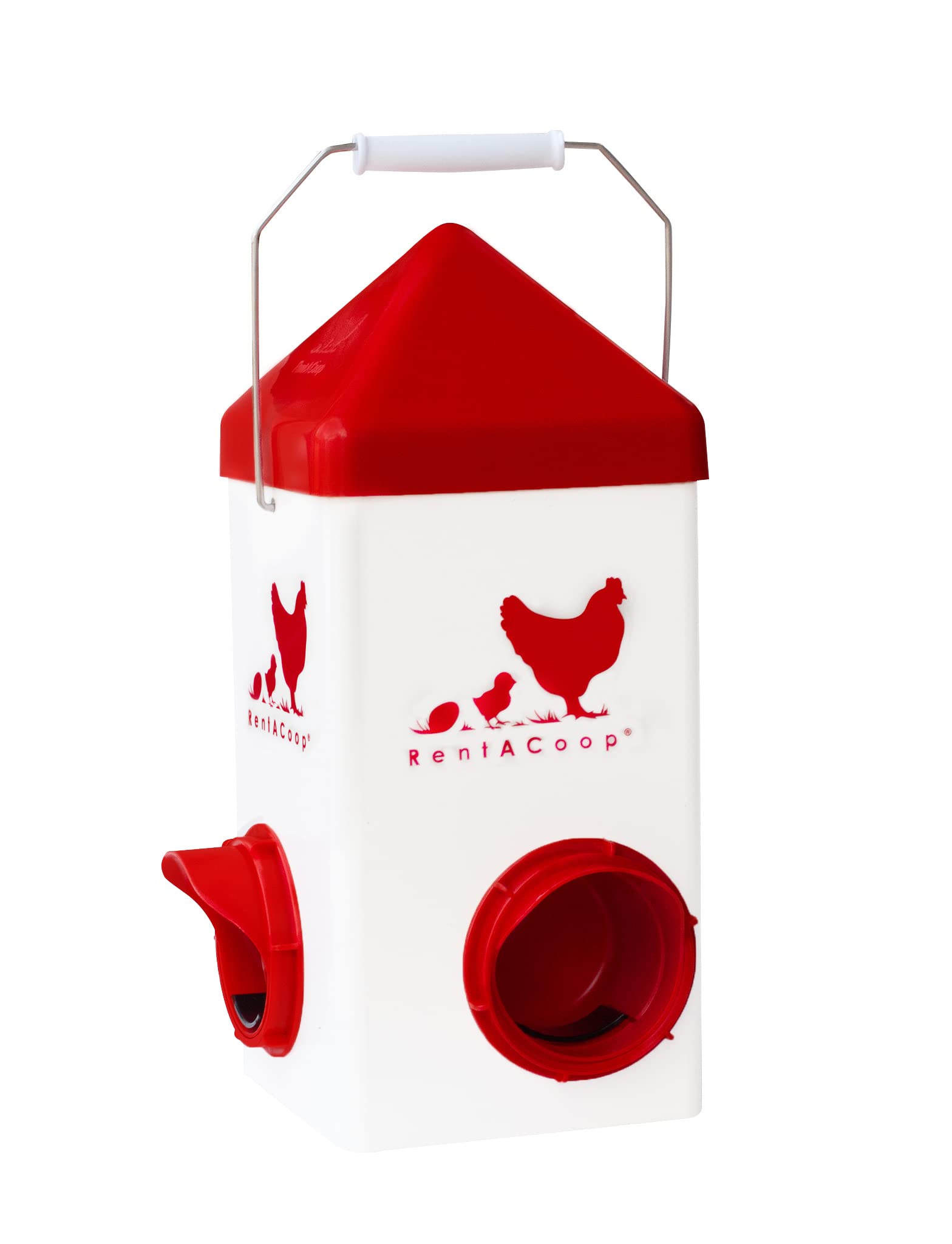RentACoop Chick2Chicken 5lb feeder front view with dual feeding ports for small birds.