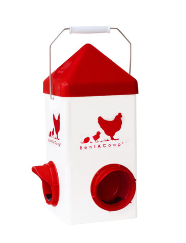 RentACoop Chick2Chicken 5lb feeder front view with dual feeding ports for small birds.