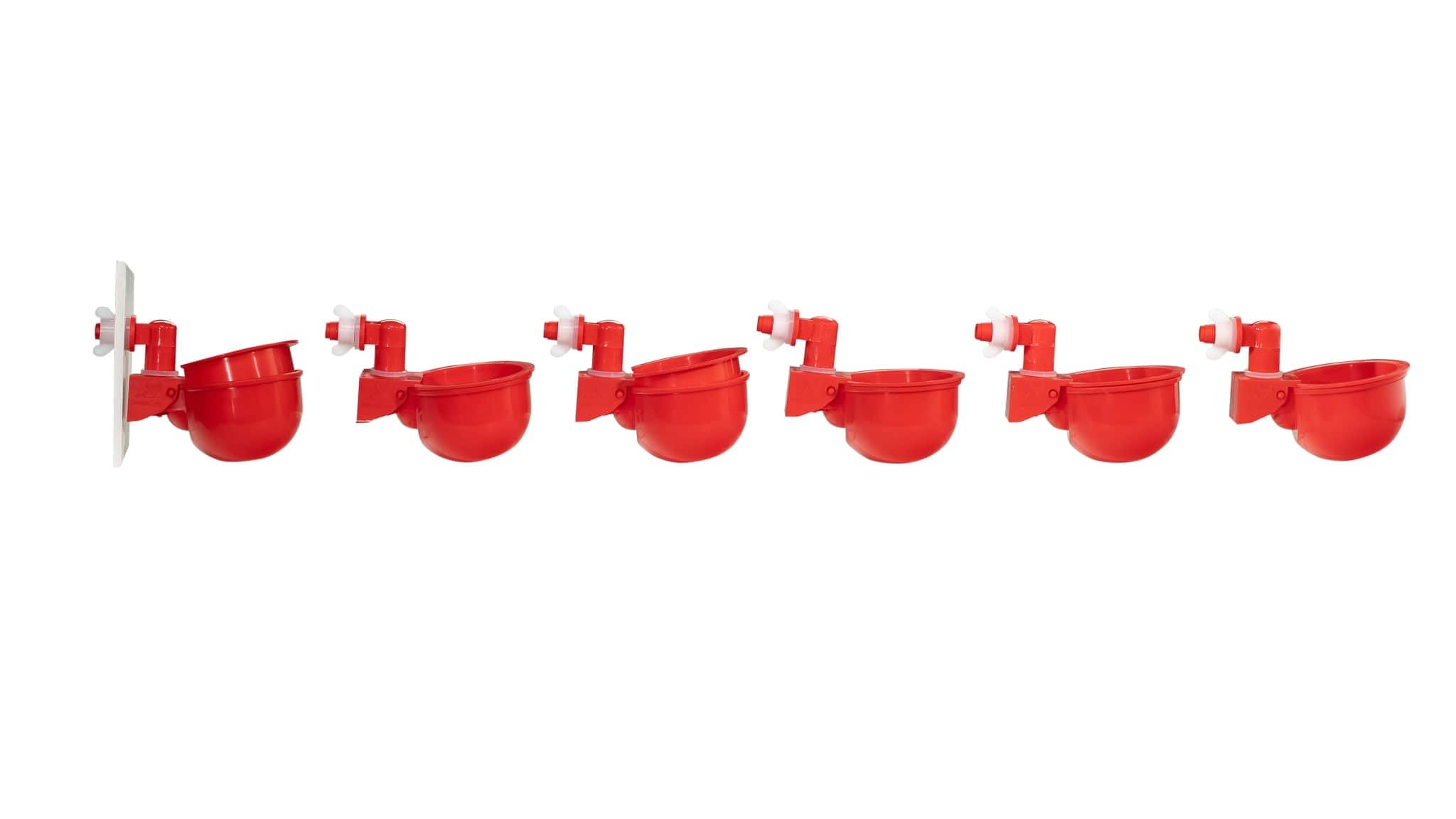 RentACoop chicken water cup kit assembly shows seven auto-fill cups for easy poultry watering