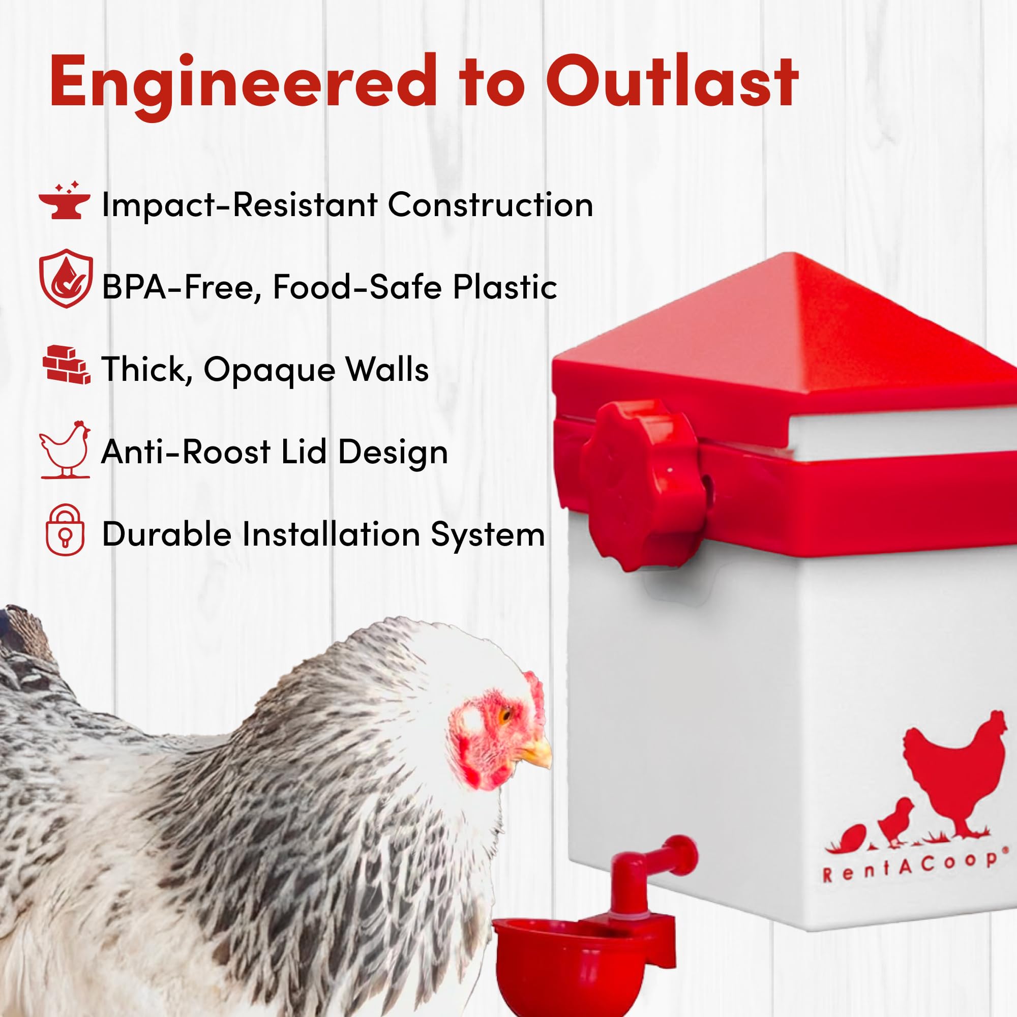 RentACoop coop clip installation system secures the waterer to wire, wood, or fabric surfaces.
