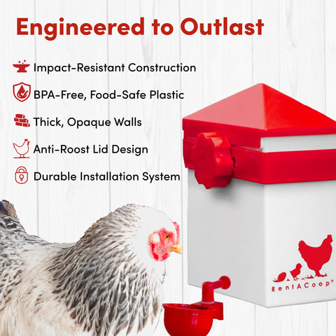 RentACoop coop clip installation system secures the waterer to wire, wood, or fabric surfaces.
