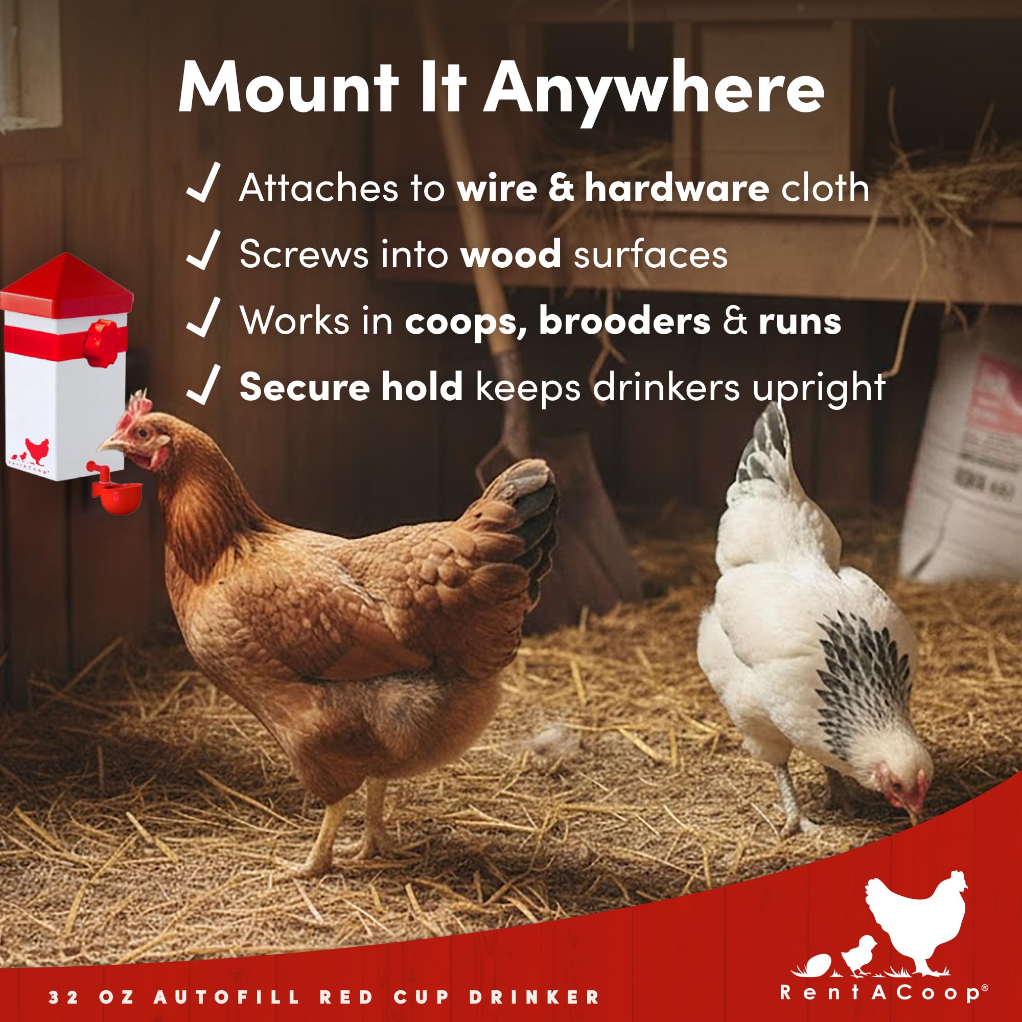 RentACoop coop-clip installation secures the waterer to wire or wood.