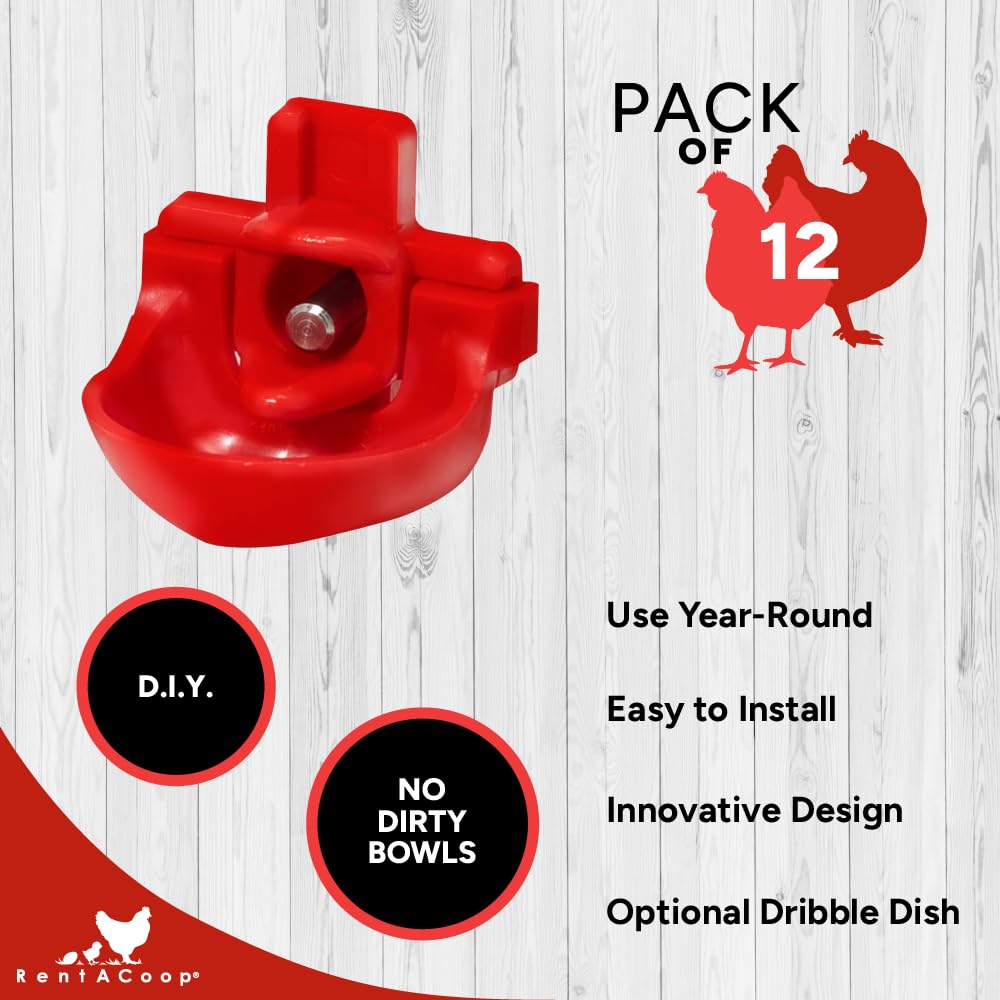 RentACoop horizontal nipples with dribble dishes close-up showing drip control