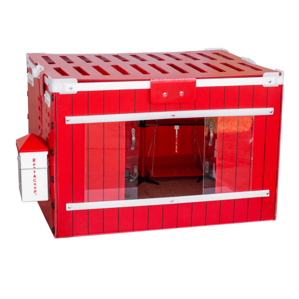 RentACoop Little Red Barn Brooder front view showing a compact setup