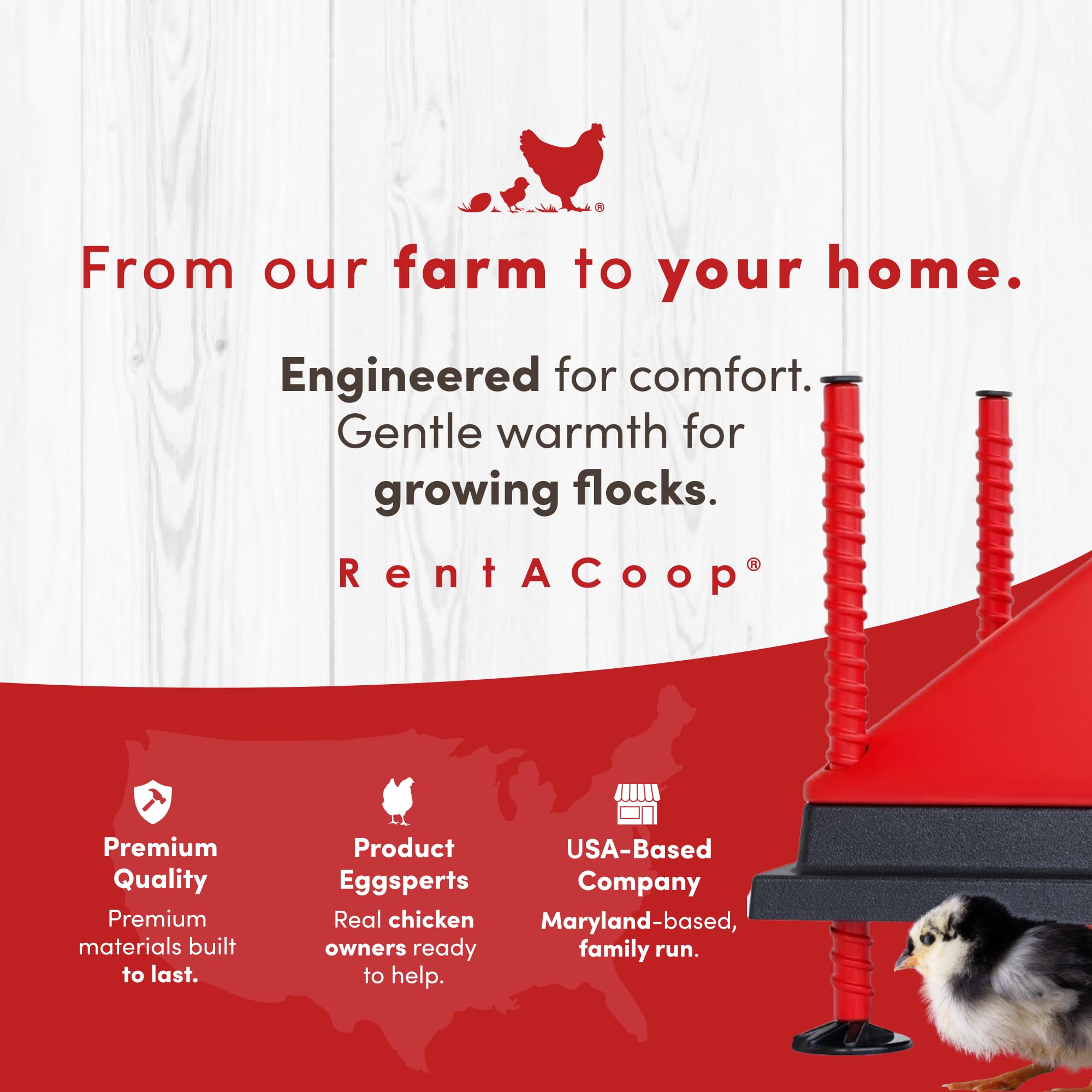 RentACoop multi-species compatibility note highlights use with poults, ducklings, and quail.