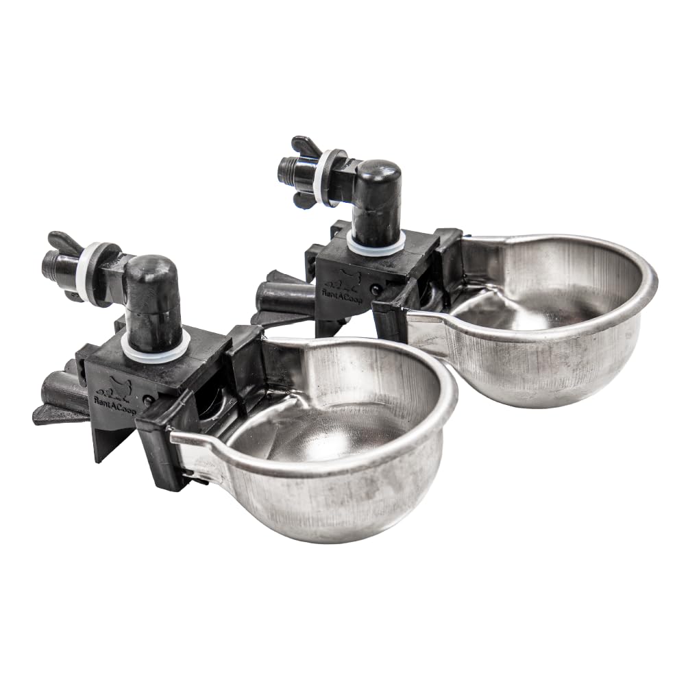RentACoop Rac Paws metal waterer assembly on cage for steady, spill-free hydration.