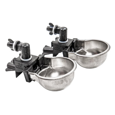 RentACoop Rac Paws metal waterer assembly on cage for steady, spill-free hydration.