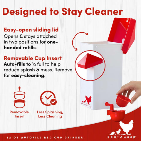 RentACoop sliding-anti-roost lid enables easy top refills.
