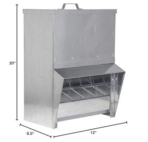 RentACoop trough feeder close-up highlights durable metal and lid.