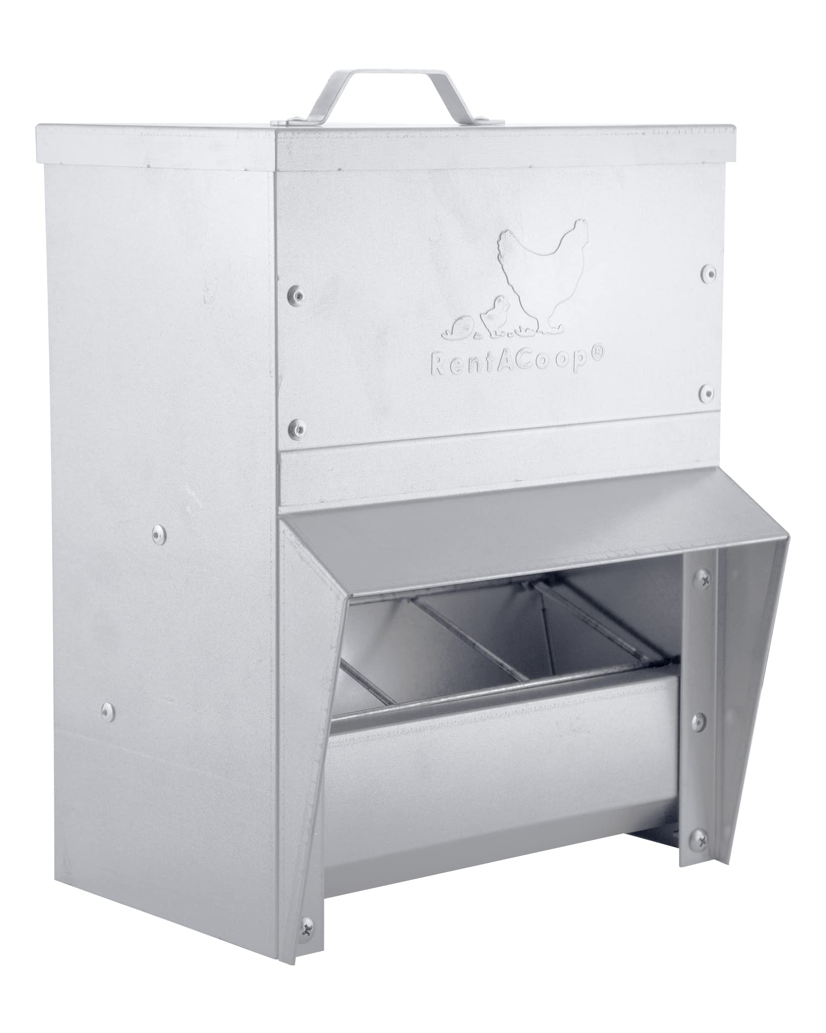 Rain cover on RentACoop trough feeder protecting feed from rain