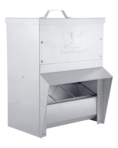 Rain cover on RentACoop trough feeder protecting feed from rain