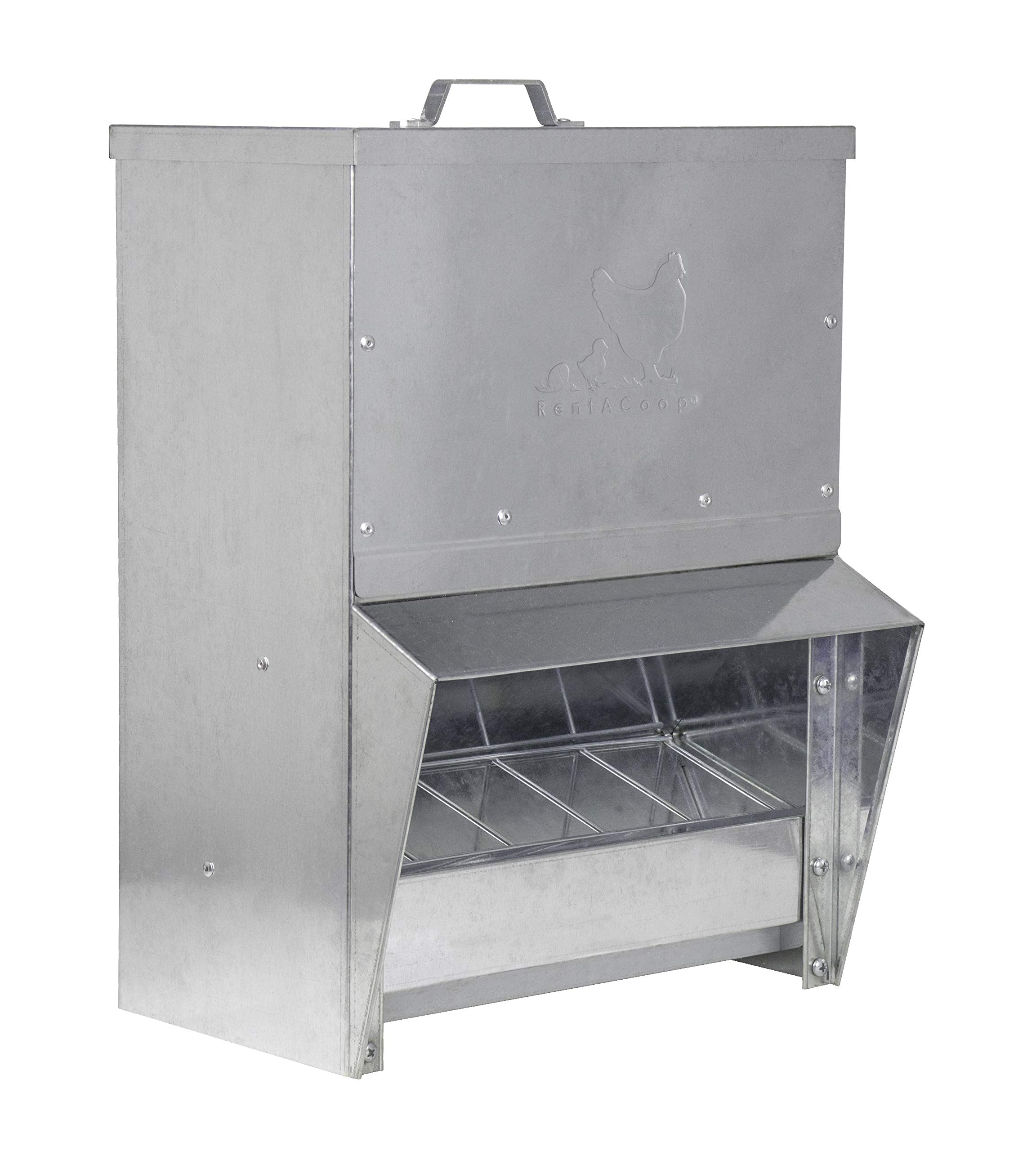 RentACoop trough feeder with rain cover keeps feed dry in wet weather.