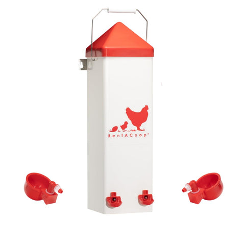 RentACoop waterer with auto-fill cups provides steady fresh water.