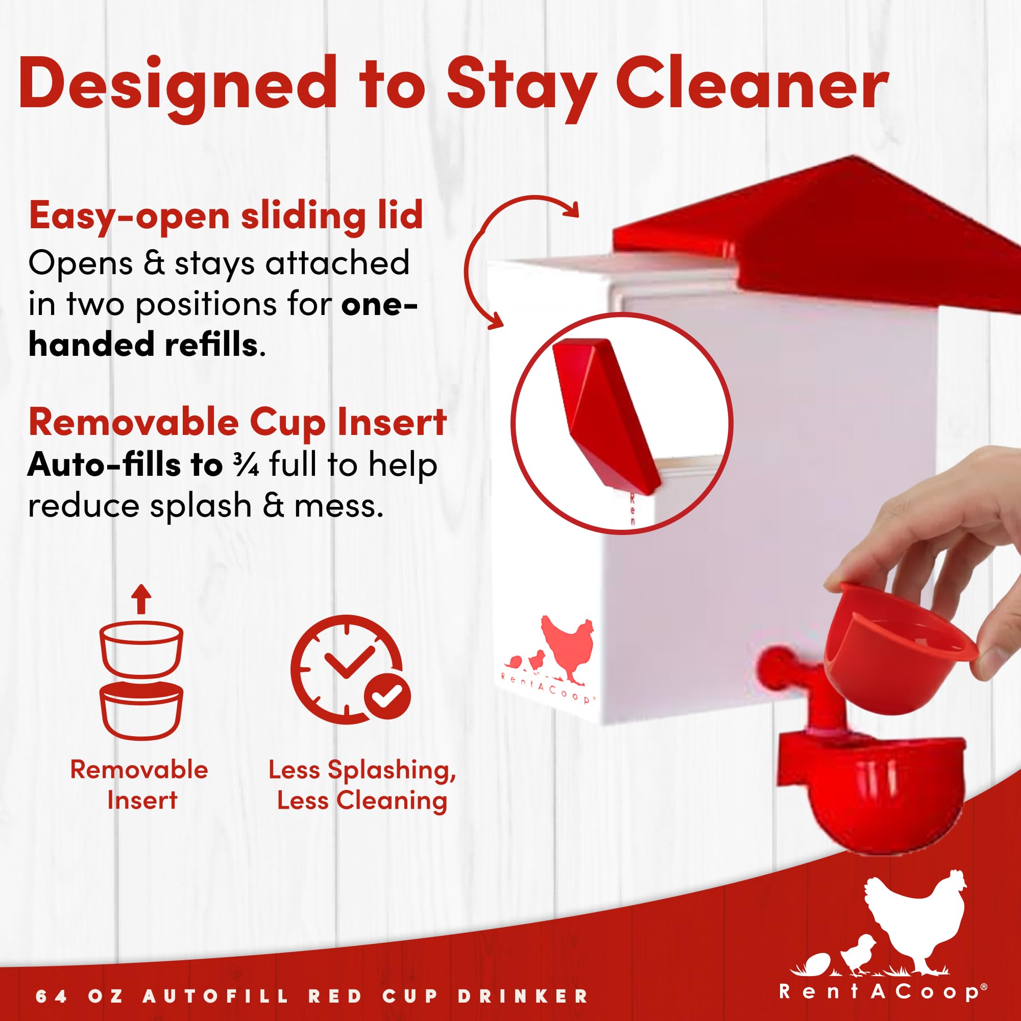 RentACoop waterer can be mounted inside the coop for flexible placement.