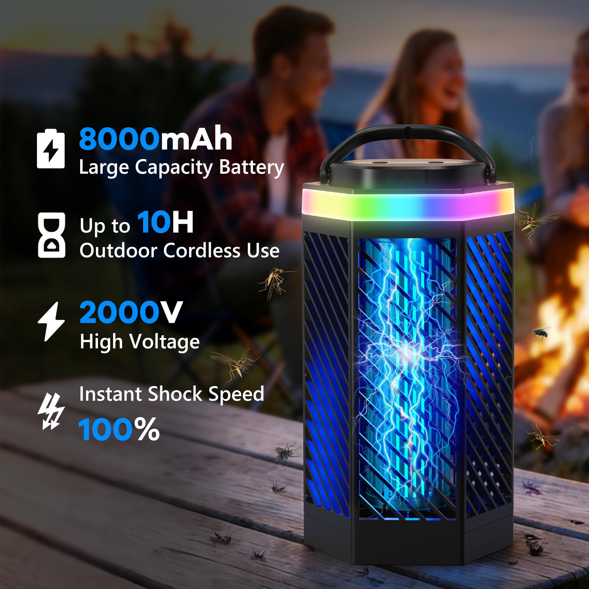 REOGLE Bug Zapper battery display shows remaining power for easy outdoor use.
