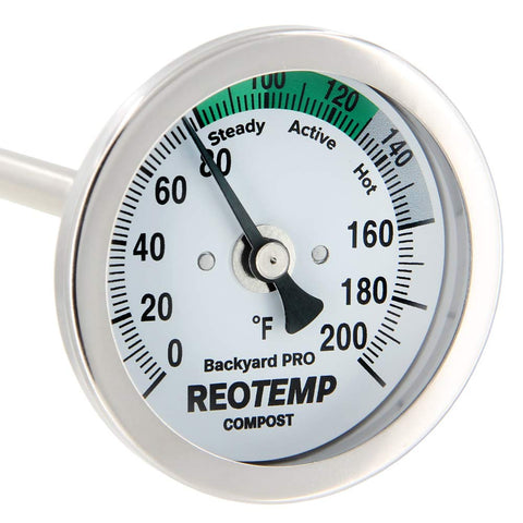 REOTEMP BP-F43 dial closeup for easy readouts in backyard composting