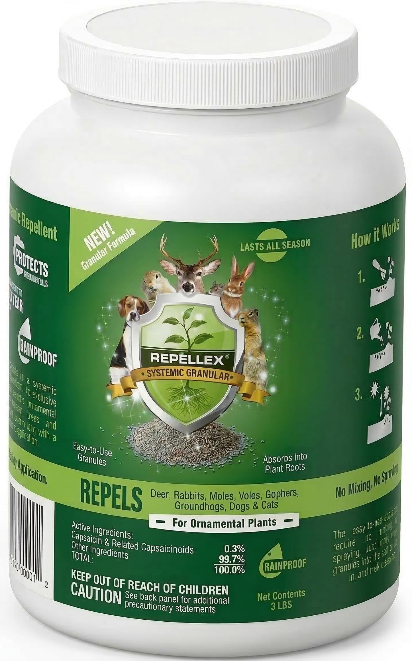 Repellex repels all animal granules bag deterring deer and rabbits from lawns.
