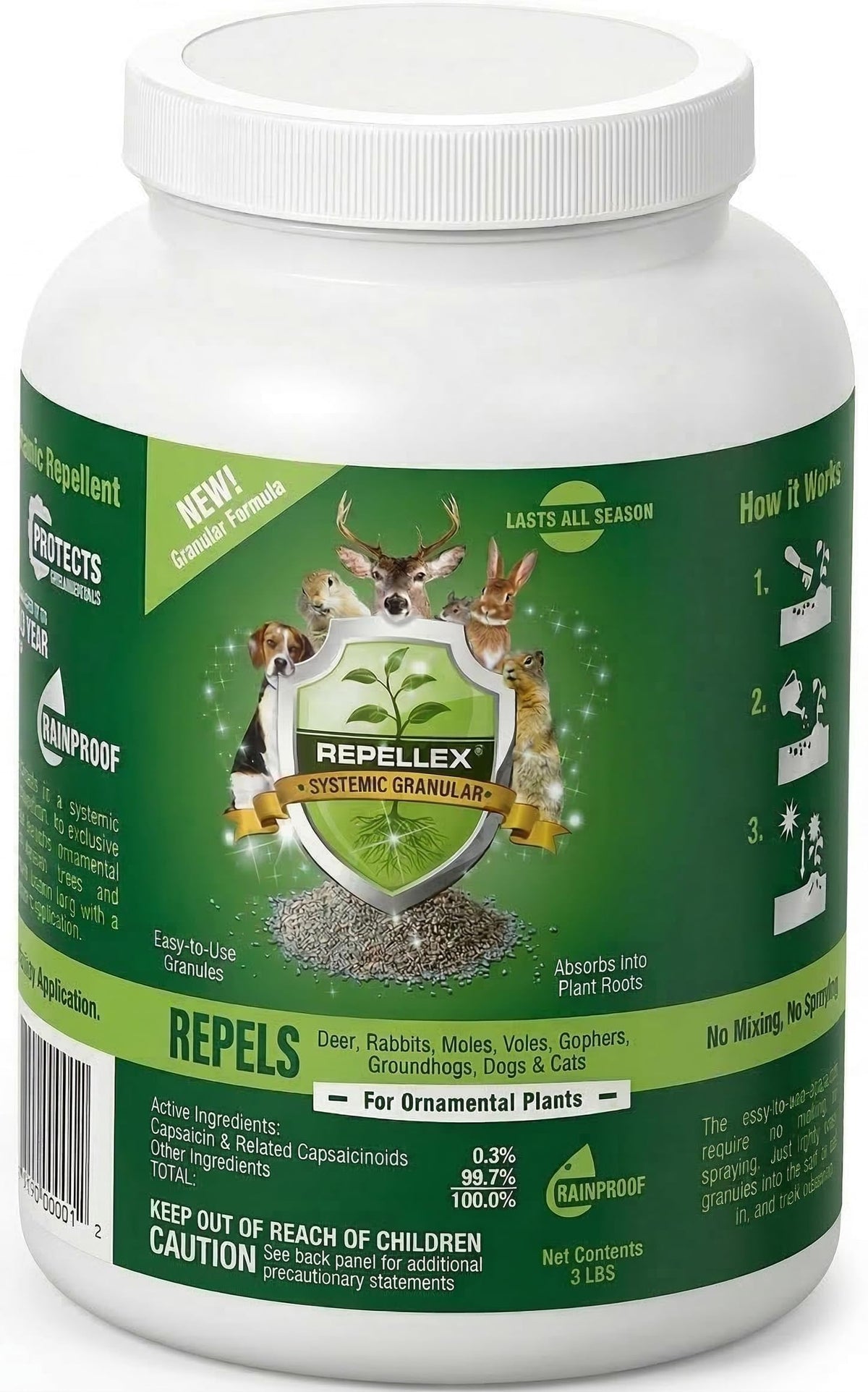 Repellex repels all animal granules bag deterring deer and rabbits from lawns.