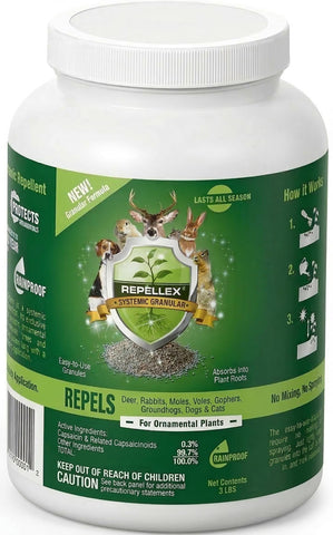 Repellex repels all animal granules bag deterring deer and rabbits from lawns.