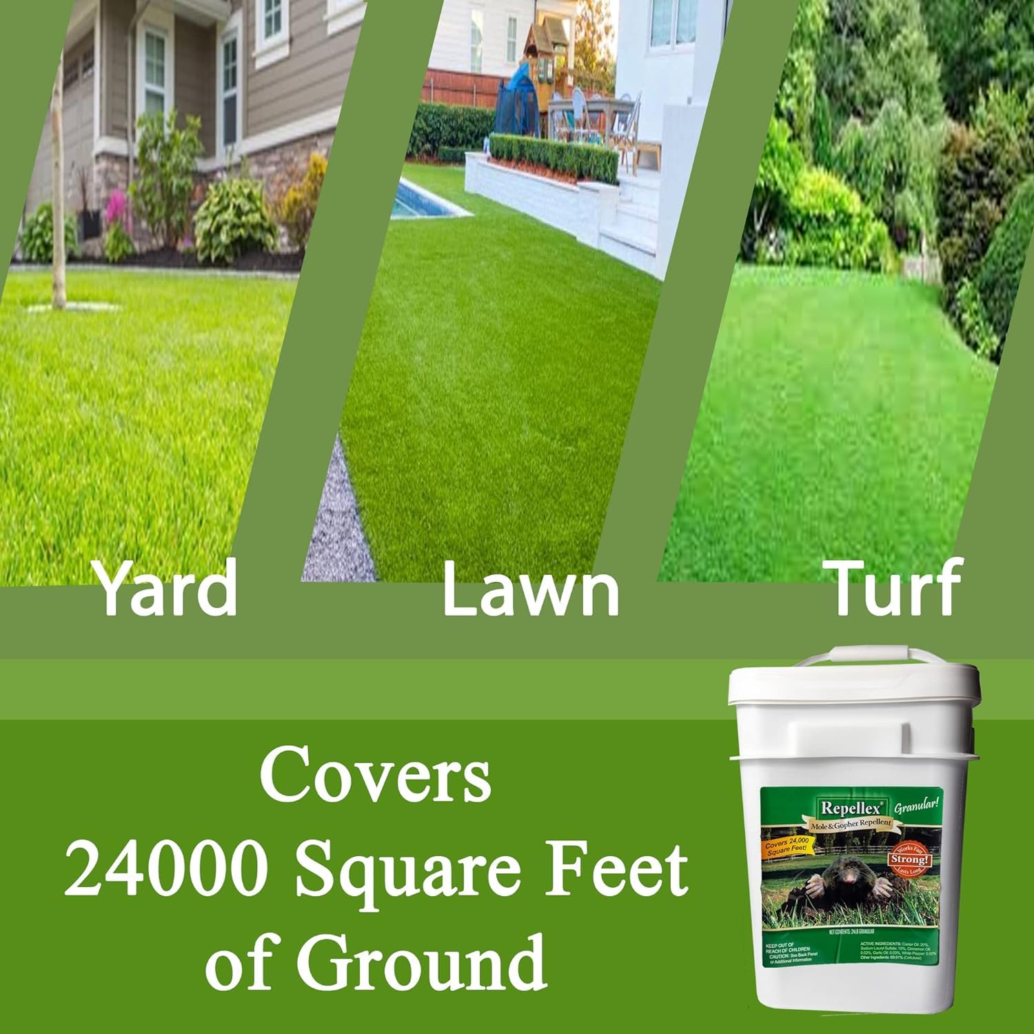 Repellex scoop included for even granule distribution across turf