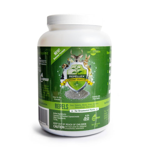 Repellex Systemic Granular packaging front showing outdoor plant protection benefits