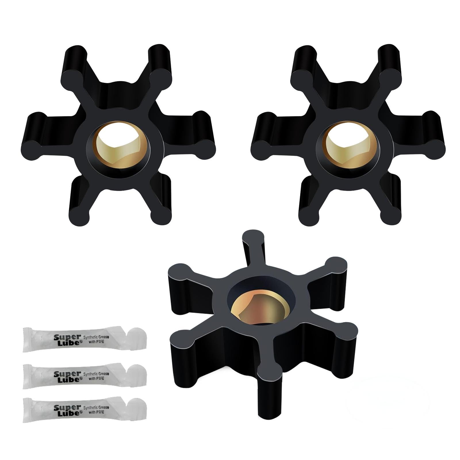 REPLACEMENTKITS.COM impeller kit front view with three impellers and lubricant for quick setup