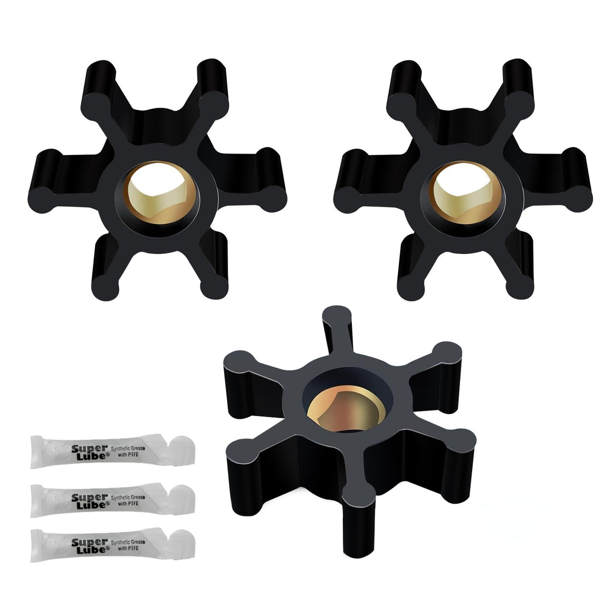 REPLACEMENTKITS.COM impeller kit front view with three impellers and lubricant for quick setup