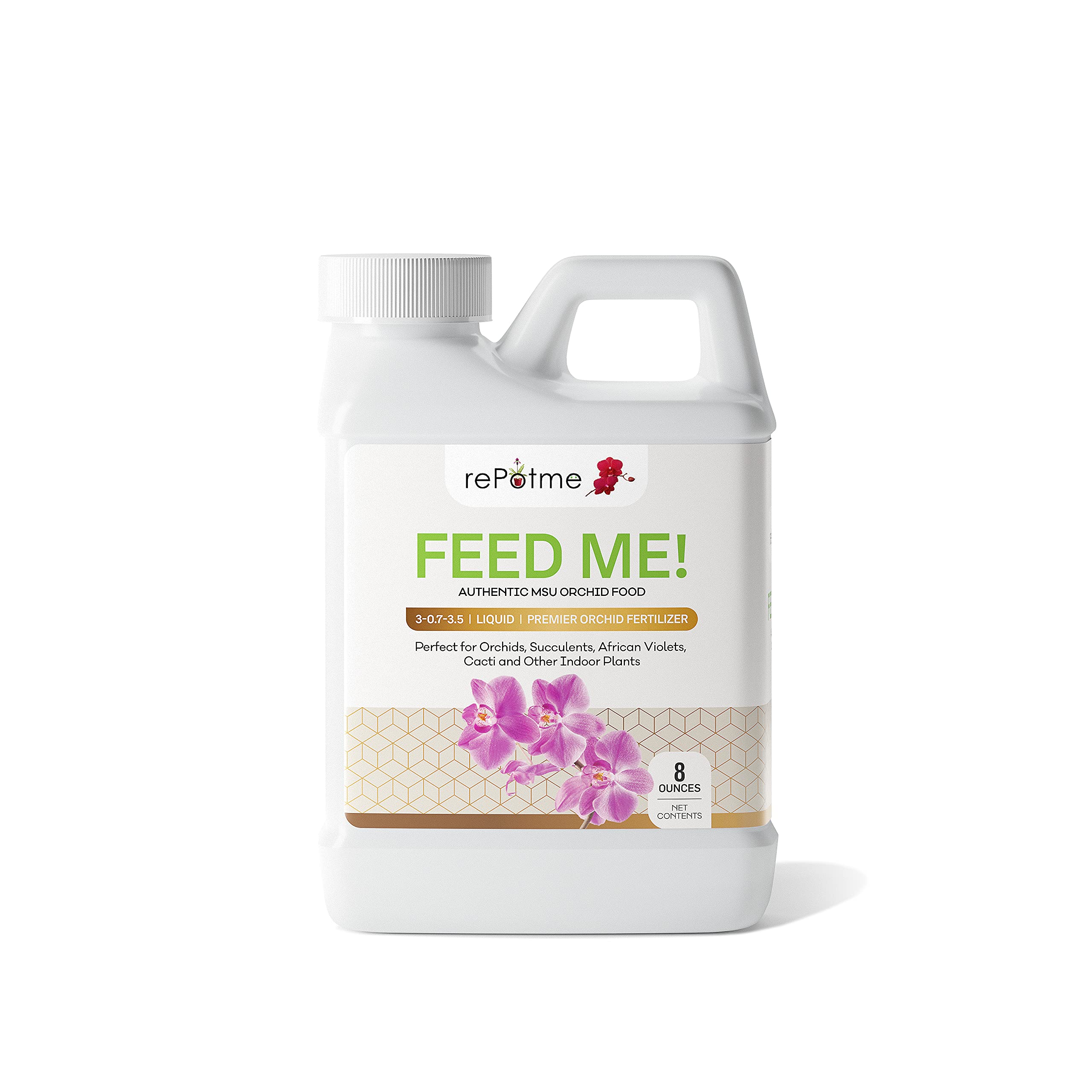 Repotme orchid fertilizer half-pint bottle supports healthy growth.