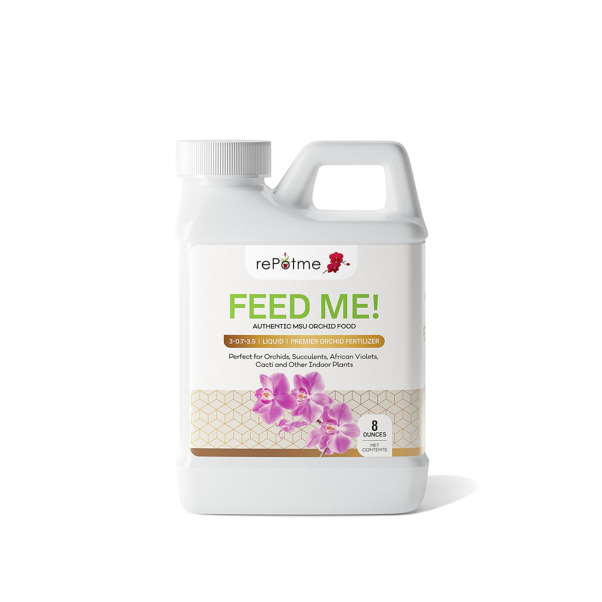 Repotme orchid fertilizer half-pint bottle supports healthy growth.