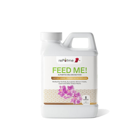 Repotme orchid fertilizer half-pint bottle supports healthy growth.