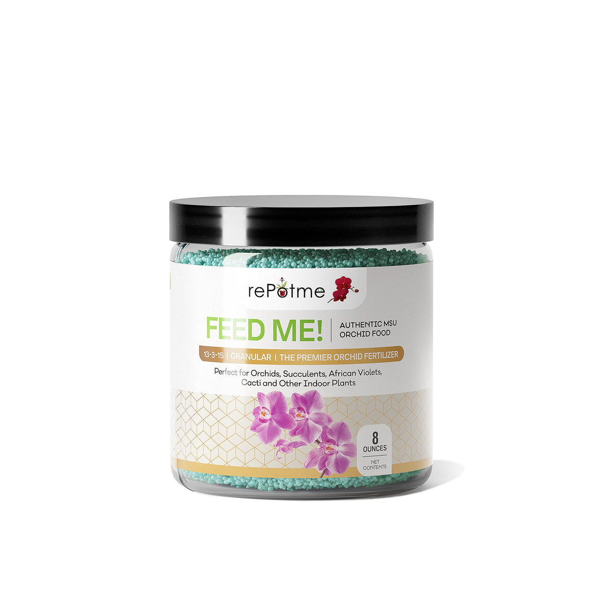 rePotme Feed Me MSU orchid fertilizer bottle label for precise orchid feeding
