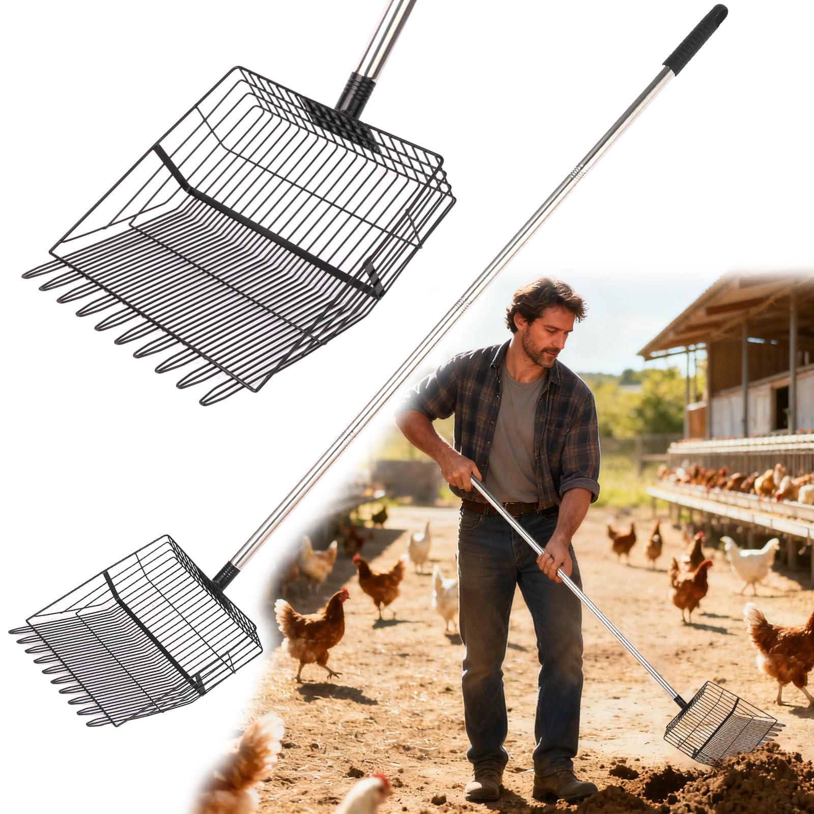 Reptilux heavy-duty chicken poop scooper with adjustable long-handle for easy coop cleaning