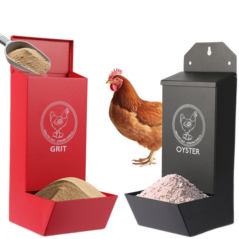 Reptilux metal chicken feeder with lid showing rain protection and sturdy build