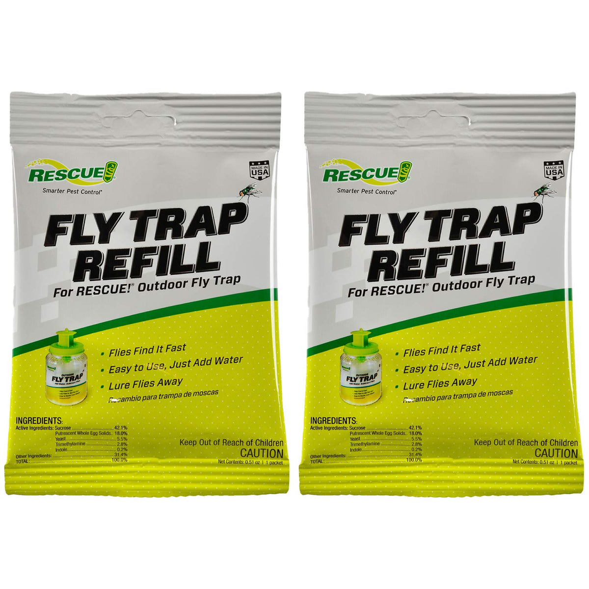 RESCUE! bait refill outdoor-use two-pack packaging compatible with reusable traps.