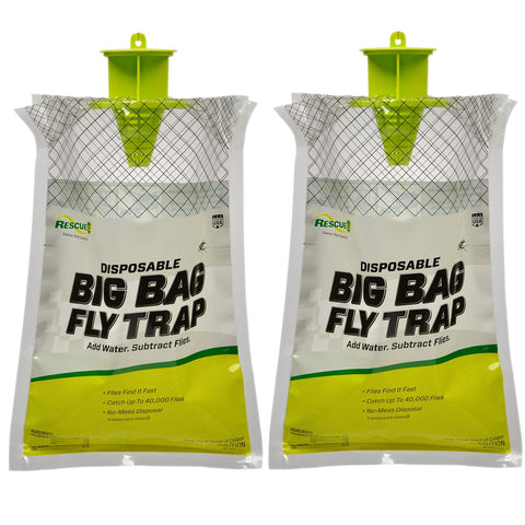 RESCUE! Big Bag Fly Trap outdoors near a barn for effective fly control.