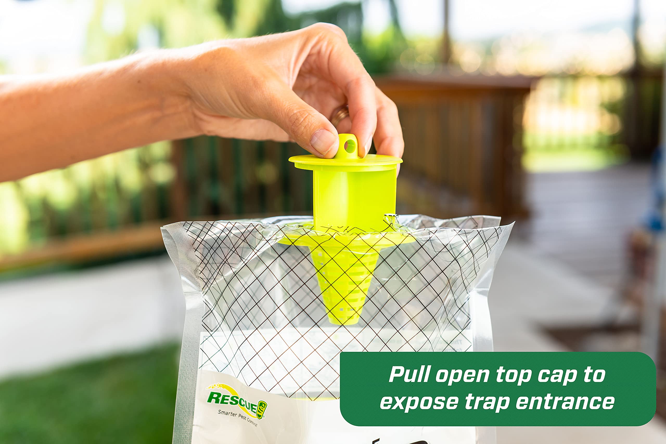 RESCUE! Big Bag Fly Trap water activation enables fast bait setup outdoors.