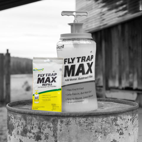 RESCUE! Fly Trap Max installed outdoors near problem areas for steady fly attraction.