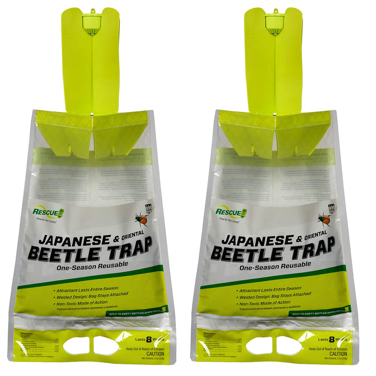 RESCUE! Japanese Beetle Trap front view with reusable bag for garden protection.