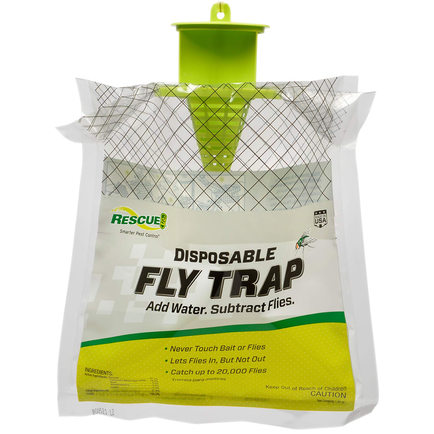 RESCUE! outdoor hanging fly trap with attractant lure for fast outdoor control.
