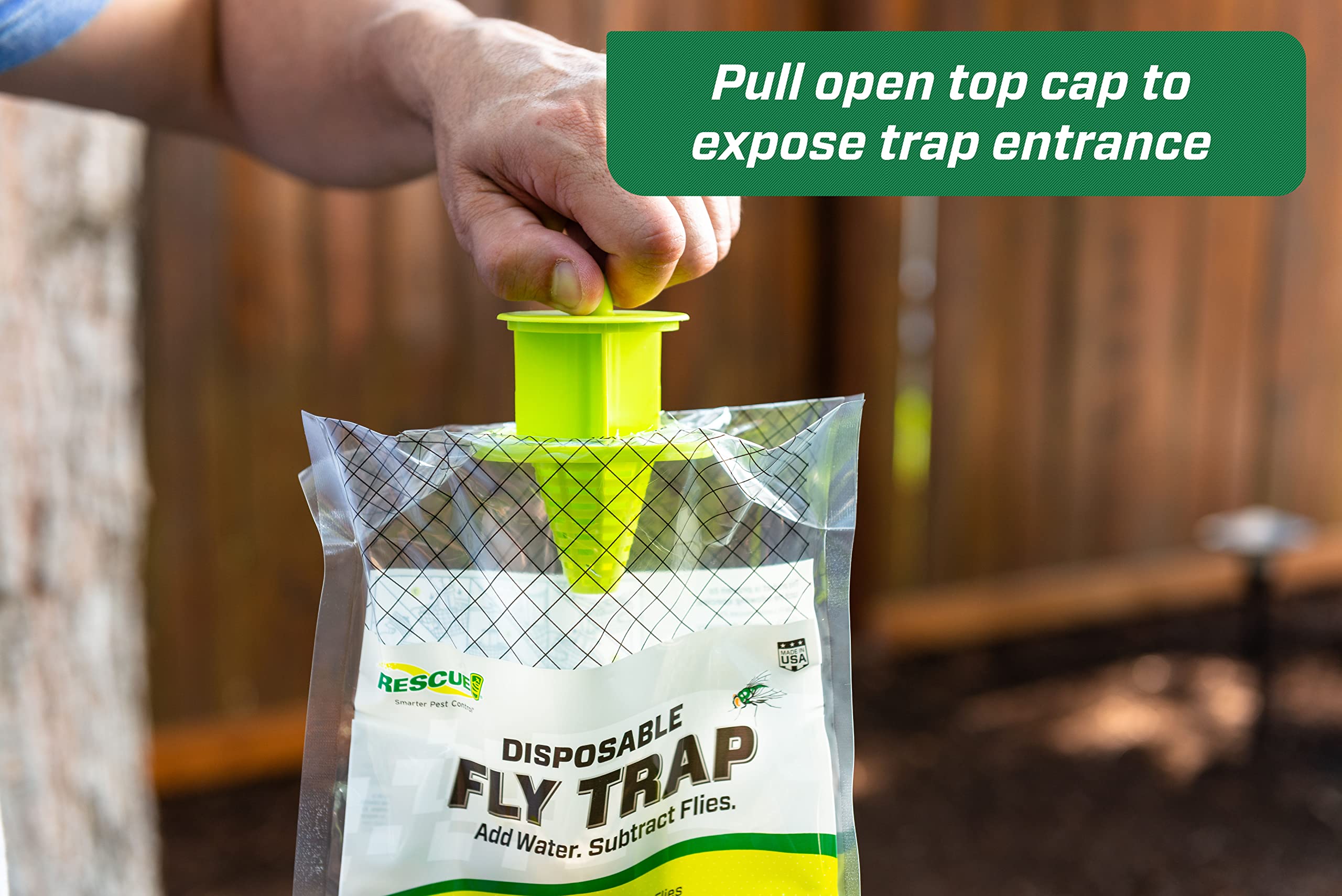 RESCUE! disposable fly trap activated outdoors with water to activate bait.