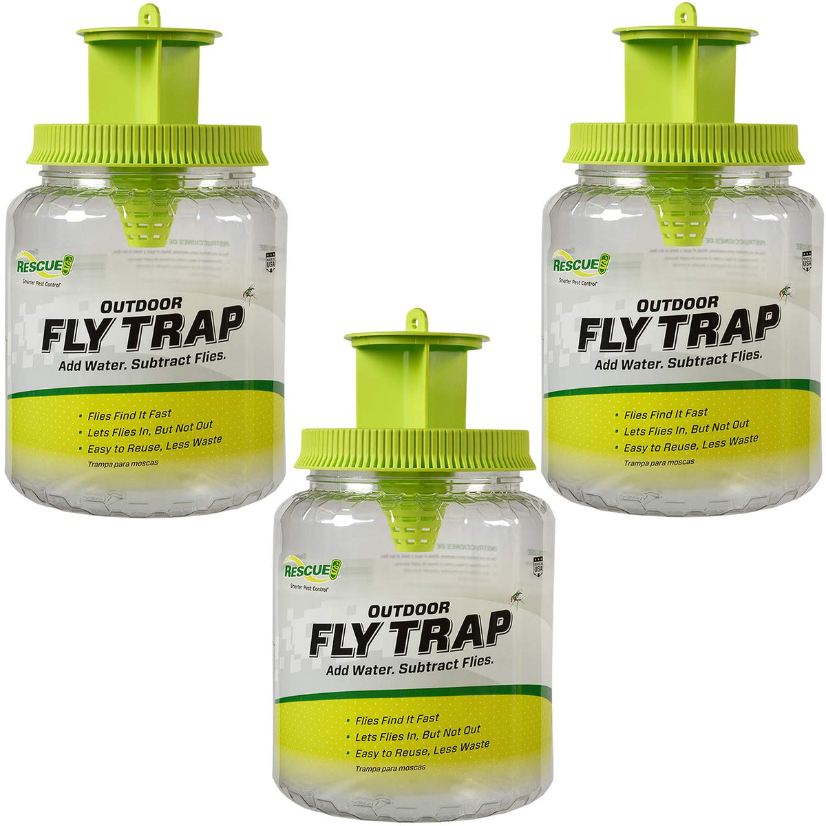 RESCUE! Outdoor Fly Trap three-trap set ready for outdoor fly control.