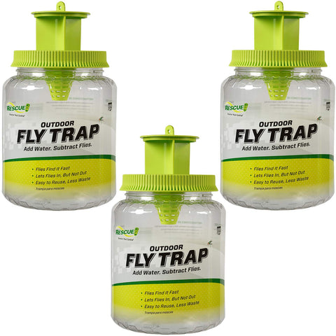 RESCUE! Outdoor Fly Trap three-trap set ready for outdoor fly control.