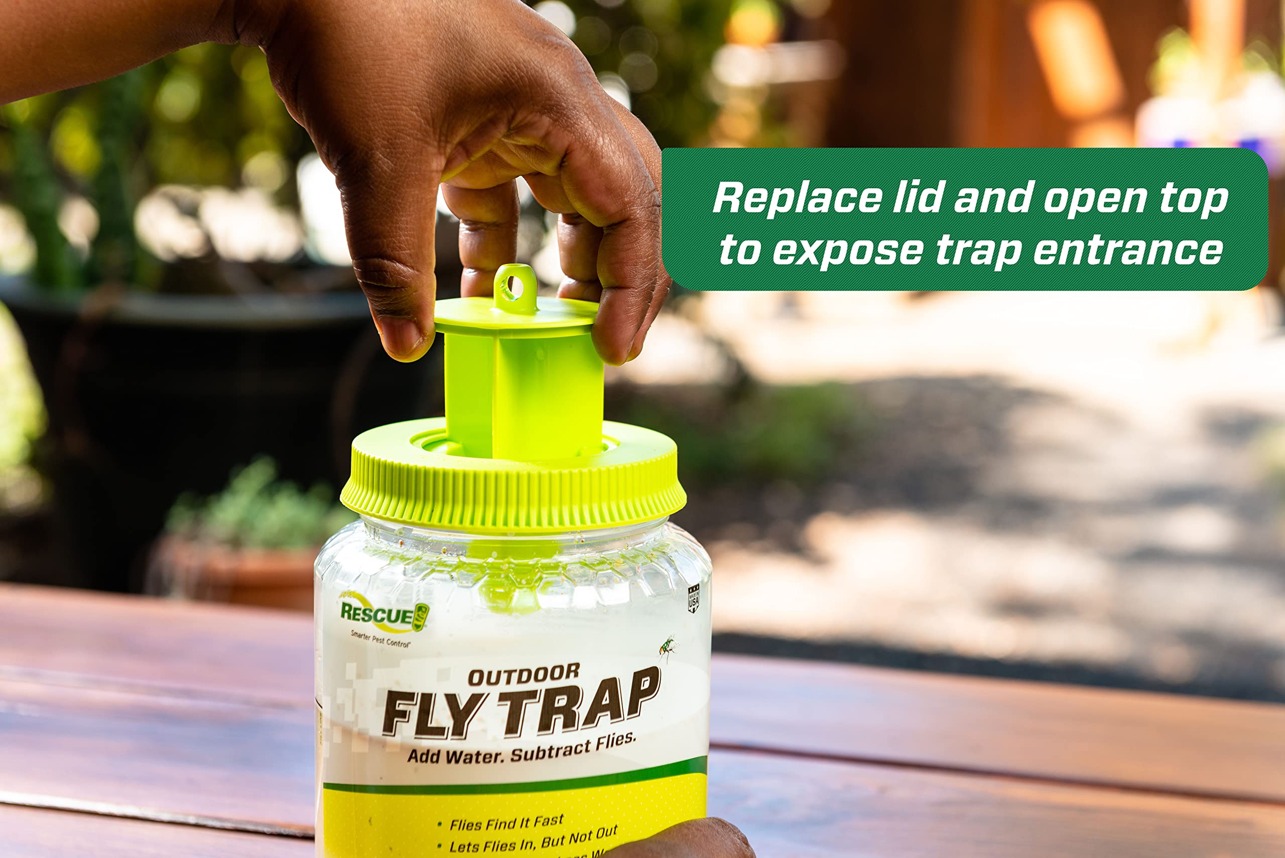 RESCUE! Outdoor Fly Trap attractant effect illustration highlights use case.