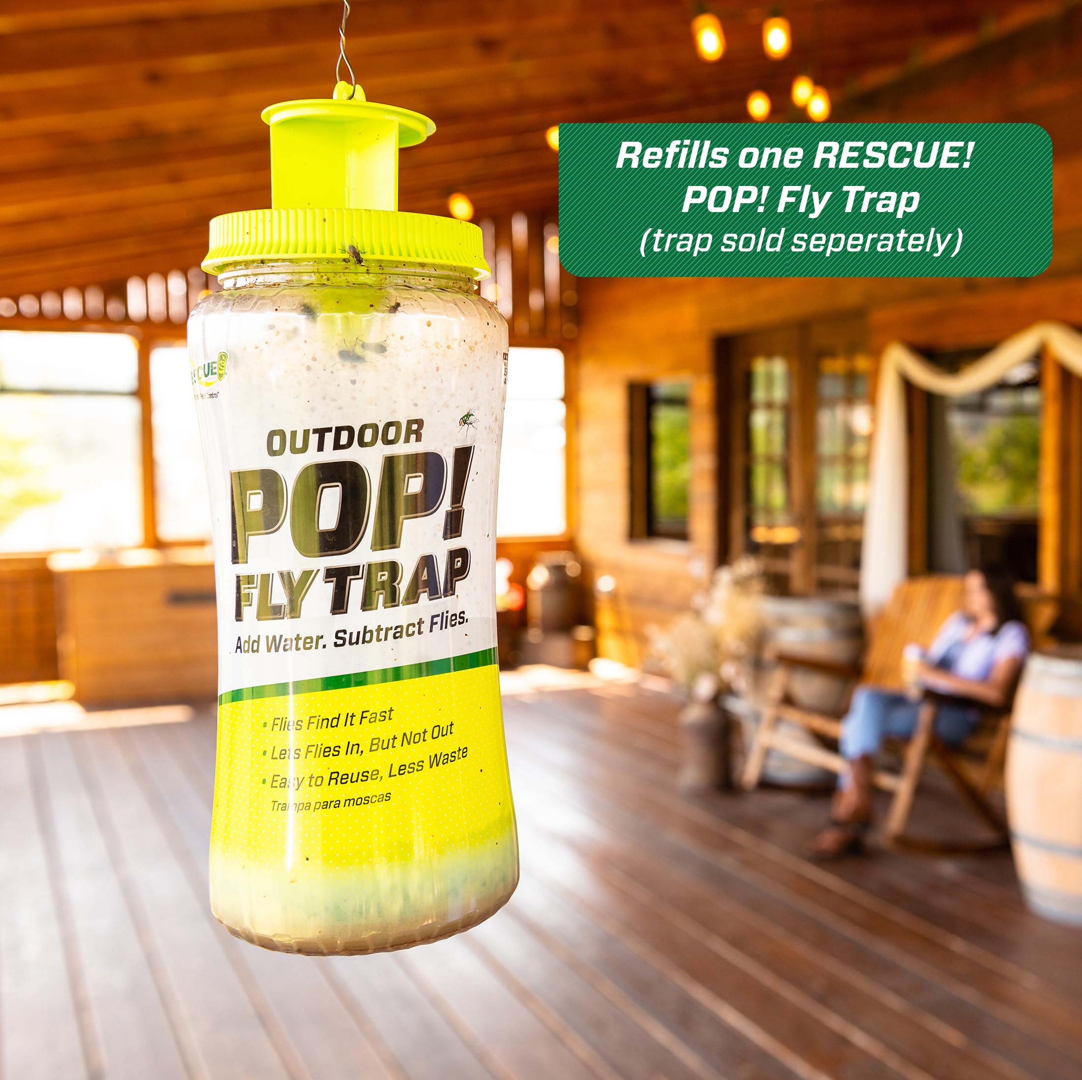 RESCUE! POP! bait refill activation shows water addition for trap setup.